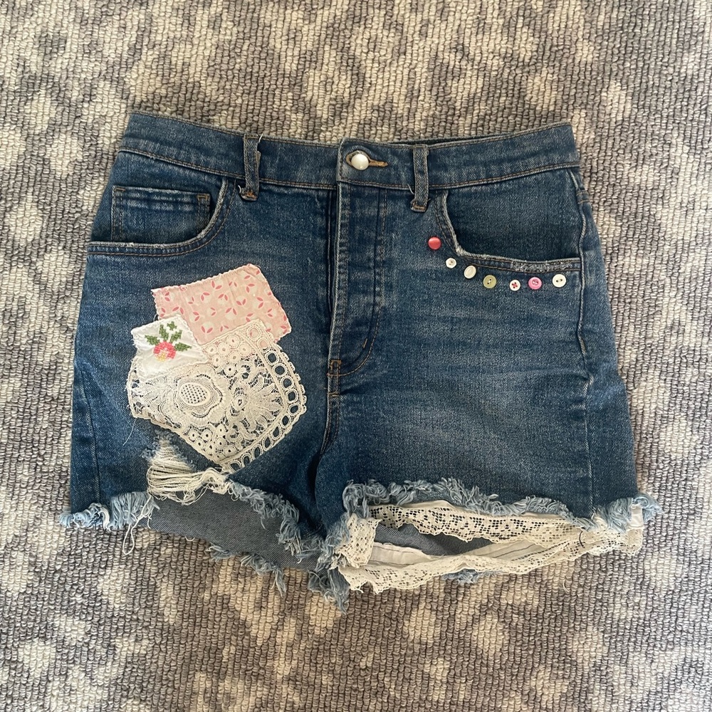 Embroidered Denim Shorts with Lace Trim
